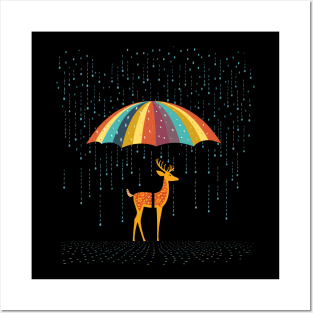 Deer Rainy Day With Umbrella Posters and Art